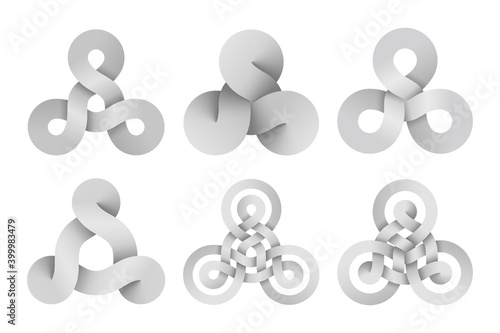 Set of triquetra knot signs made of three connected disks and rings made of different types intersection. Vector illustration.