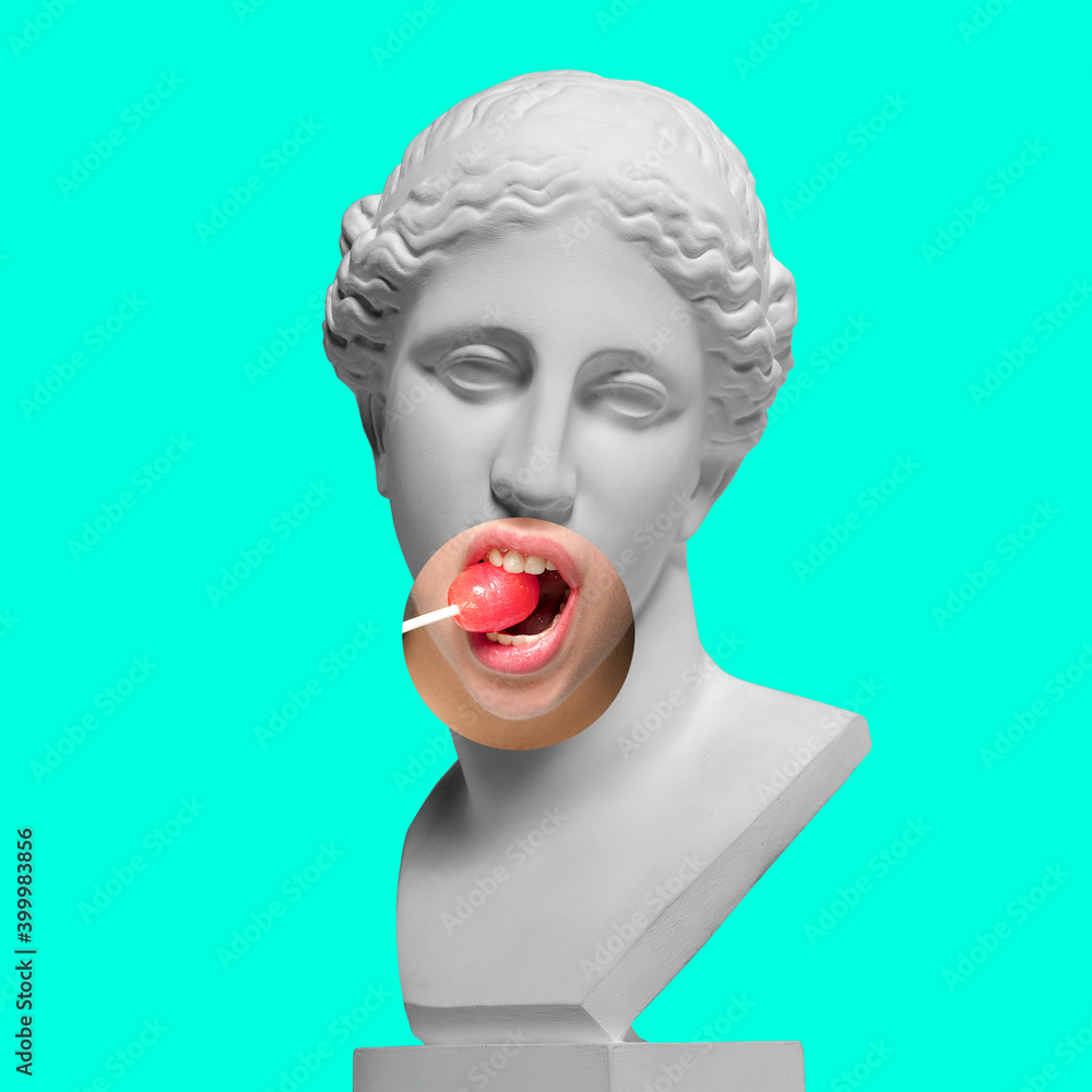© master1305 - Collage with plaster head model, statue and female portrait isolated on turquoise background. Negative space to insert your text. Modern design. Contemporary colorful and conceptual bright art collage