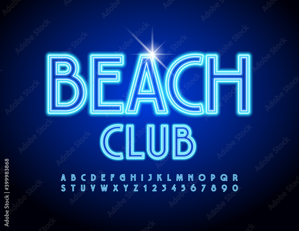 Vector illuminated emblem Beach Club. Electric Blue Font. Neon Alphabet Letters and Numbers set Vector illuminated emblem Beach Club. Electric Blue Font. Neon Alphabet Letters and Numbers set