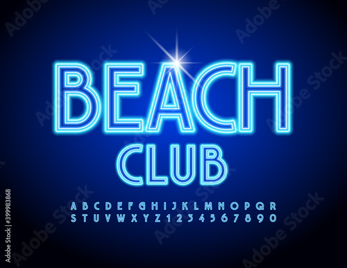 Vector illuminated emblem Beach Club. Electric Blue Font. Neon Alphabet Letters and Numbers set