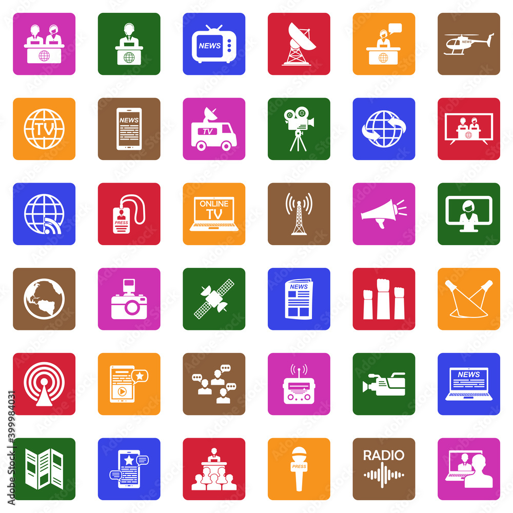 News Reporter Icons. White Flat Design In Square. Vector Illustration. News Reporter Icons. White Flat Design In Square. Vector Illustration.