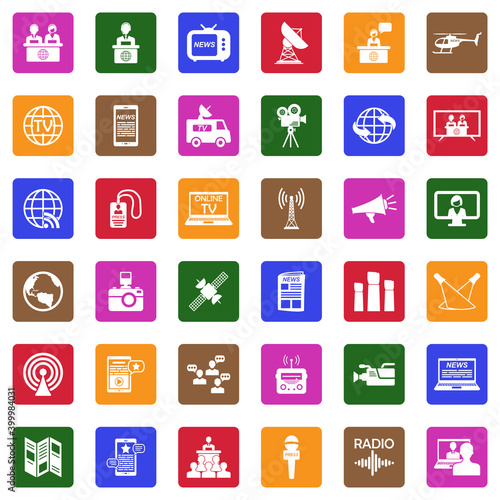 News Reporter Icons. White Flat Design In Square. Vector Illustration.