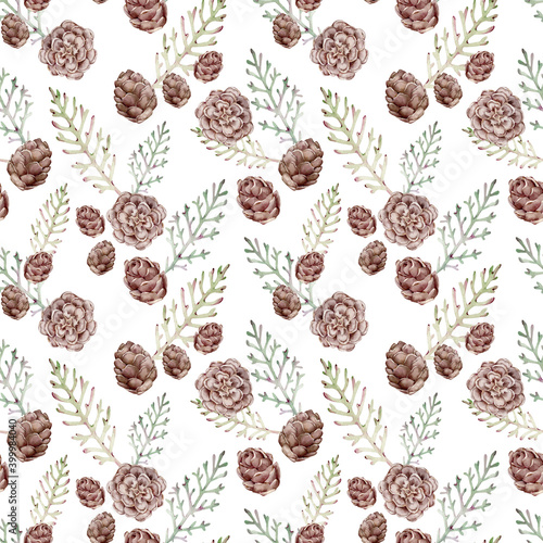 Watercolor seamless pattern with juniper branches and cones. Winter forest background. Christmas and New Year's pattern.