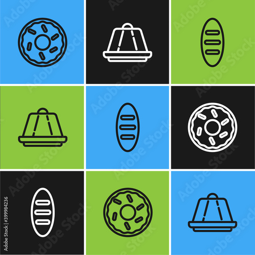 Set line Donut, Bread loaf and Pudding custard icon. Vector.