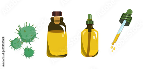 Castor oil in glass vial with cork and in bottle with dropper. Fruit for herbal medicine or beauty industry.Plant extract for cosmetology.Elixir or serum,lotion for hair and nails.Flat style vector