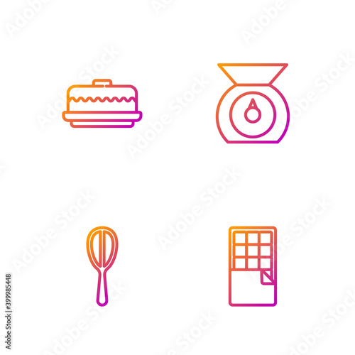 Set line Chocolate bar, Kitchen whisk, Cake and Scales. Gradient color icons. Vector.