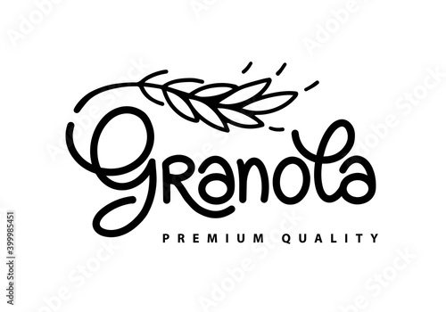 Granola logo vector. Premium quality. Lettering composition and stylized spikelet. Black calligraphy isolated on white background for package, label.