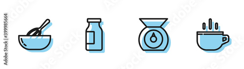 Set line Scales, Kitchen whisk and bowl, Bottle with milk and Coffee cup icon. Vector.