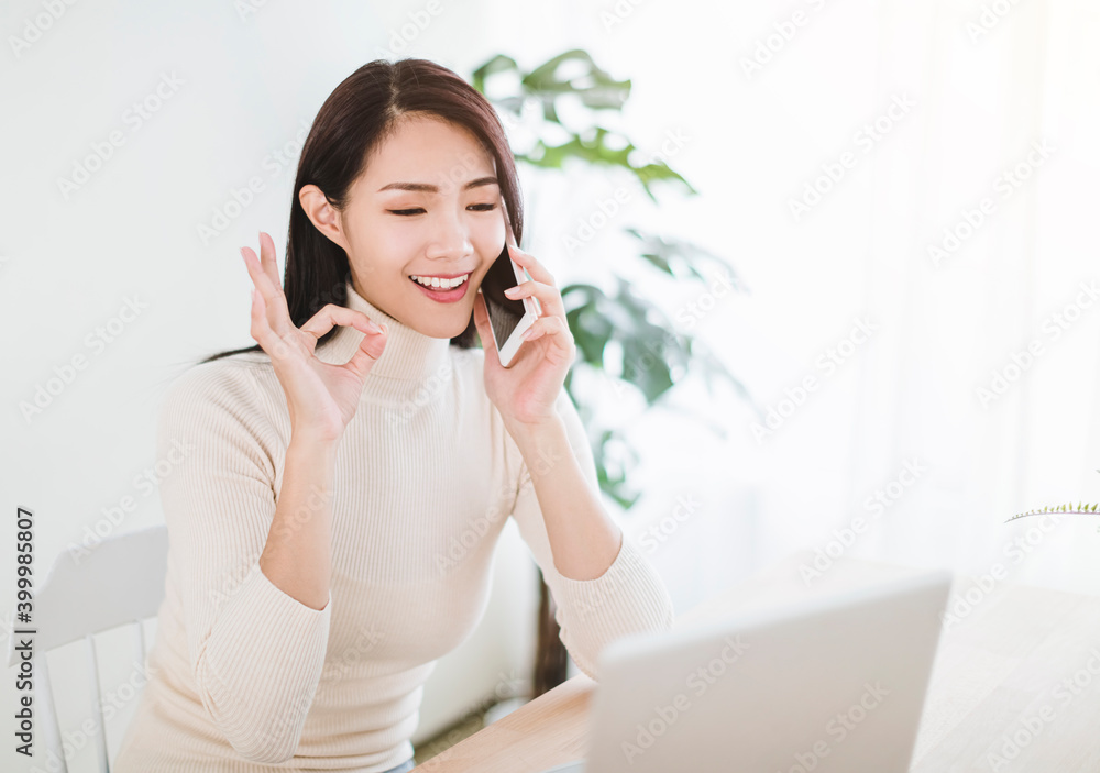 young woman working on laptop and talking on the phone in the home office young woman working on laptop and talking on the phone in the home office