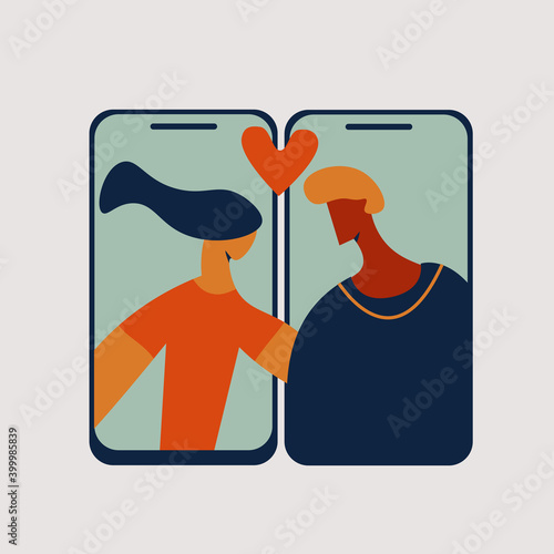 Woman and man connection via video call, online or virtual dating, quarantine valentines day