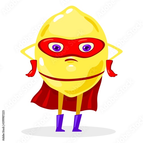 Juicy sour yellow lemon character, hero fruit in boots and coat. Vector legs, eyes, mouth and hands on hips, vegetarian food, healthy nutrition idea isolated on white background