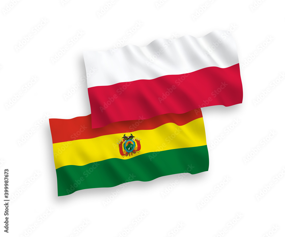 National vector fabric wave flags of Bolivia and Poland isolated on white background. 1 to 2 proportion. National vector fabric wave flags of Bolivia and Poland isolated on white background. 1 to 2 proportion.