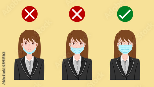 Vector cartoon portrait young woman wearing medical face protective mask correctly and wrong. Health care concept to avoiding air pollution or illness and virus illustration isolated on background.