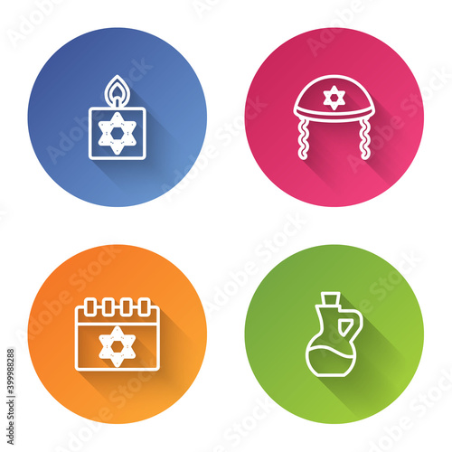 Set line Burning candle, Jewish kippah, calendar and Bottle of olive oil. Color circle button. Vector.