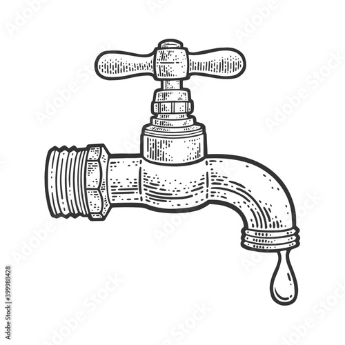 dripping tap faucet sketch engraving vector illustration. T-shirt apparel print design. Scratch board imitation. Black and white hand drawn image.
