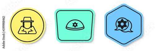 Set line Orthodox jewish hat, Jewish kippah and Star of David. Colored shapes. Vector.