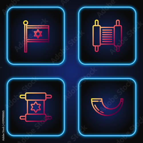 Set line Traditional ram horn, shofar, Torah scroll, Flag Israel and . Gradient color icons. Vector.