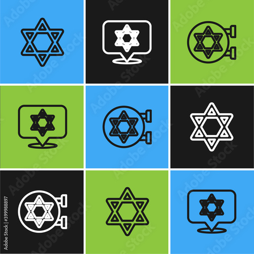 Set line Star of David, Jewish synagogue and icon. Vector.