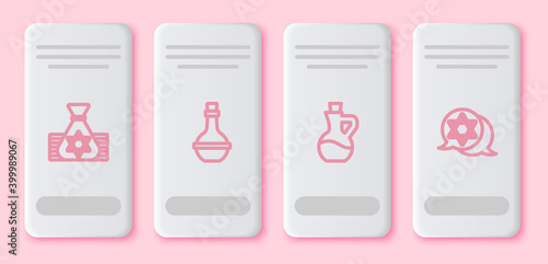 Set line Jewish money bag, wine bottle, Bottle of olive oil and Star David. White rectangle button. Vector.