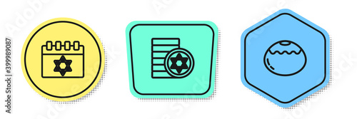 Set line Jewish calendar, coin and sweet bakery. Colored shapes. Vector.