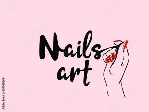 Nails art salon vector logo.Illustration of woman hand with elegant, beautiful manicure.Cosmetics, beauty, spa and style icon isolated on light background.Bright color nail polish.