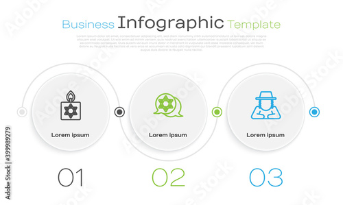 Set line Burning candle, Star of David and Orthodox jewish hat. Business infographic template. Vector.