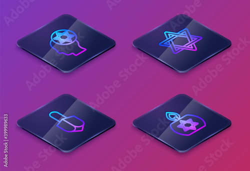Set Isometric line Orthodox jewish hat, Hanukkah dreidel, Star of David and Burning candle. Blue square button. Vector.