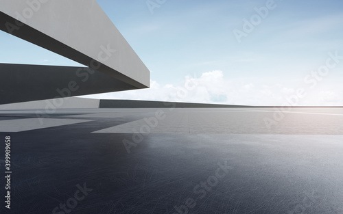 Empty concrete floor for car park. 3d rendering of abstract gray building with clear sky background.