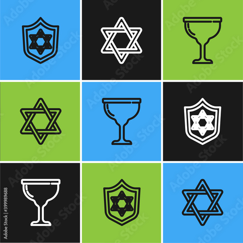 Set line Shield with Star of David, Jewish goblet and icon. Vector.