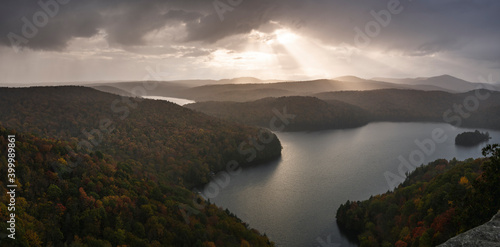 Sunset view of Nichols Pond from the Nichols Ledge, in the fall season, Vermont, New England photo