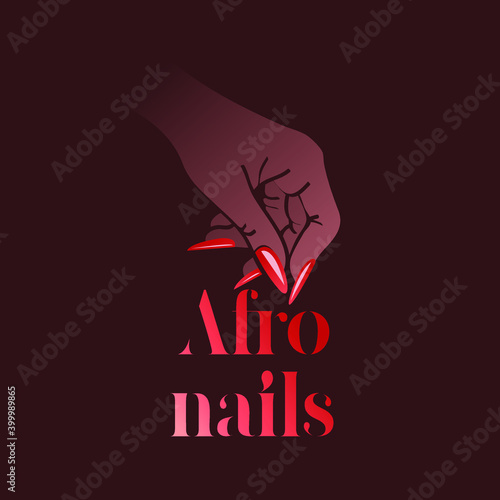 Nails art salon vector logo.Illustration of Afro American woman hand with elegant, beautiful manicure.Cosmetics, beauty, spa and style icon isolated on dark background.Shiny bright nail polish.