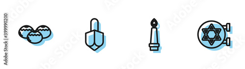 Set line Burning candle, Jewish sweet bakery, Hanukkah dreidel and synagogue icon. Vector.