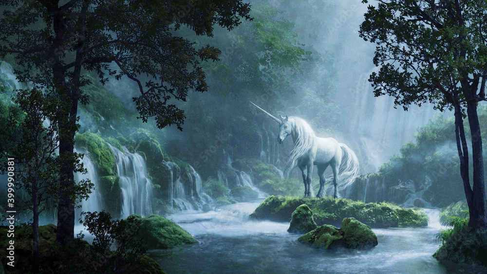 Beautiful unicorn in a magical forest - digital illustration - obrazy, fototapety, plakaty 