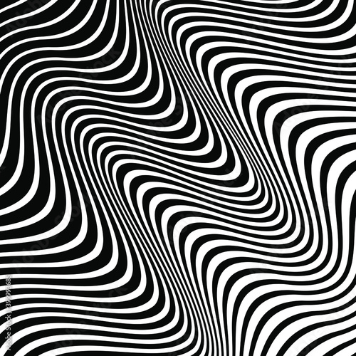 Abstract zebra pattern with white curved lines. Optical art. Digital image with psychedelic stripes. Vector illustration. Ideal for prints  abstract background  posters  tattoo and web design