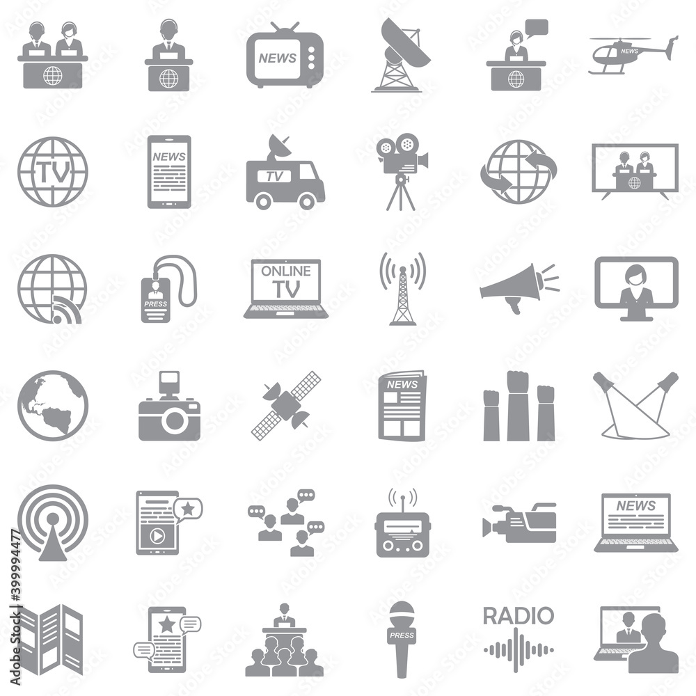 News Reporter Icons. Gray Flat Design. Vector Illustration. News Reporter Icons. Gray Flat Design. Vector Illustration.