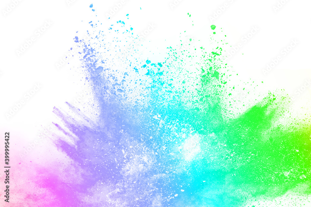 abstract powder splatted background. Colorful powder explosion on white background. Colored cloud. Colorful dust explode. Paint Holi.