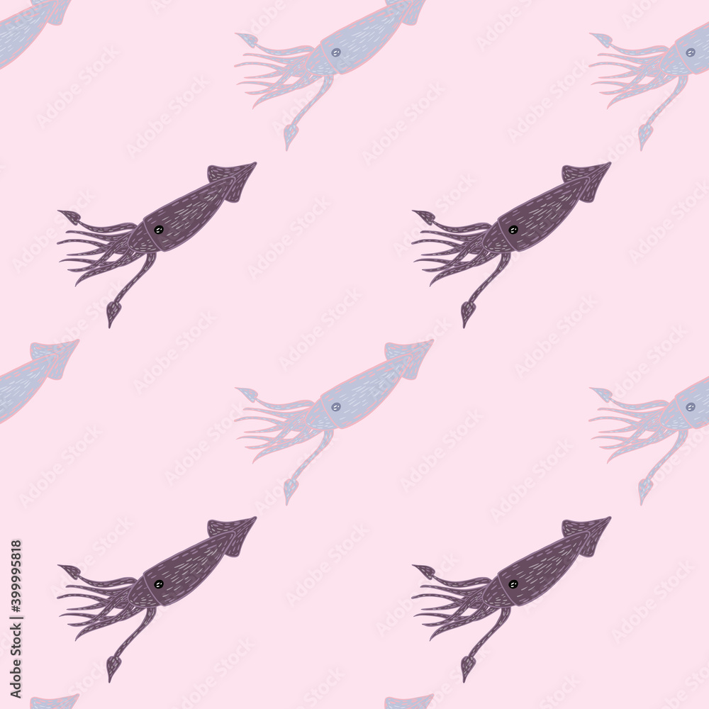 Cartoon childish seamless sea pattern with light blue and purple squid print. Light pink background. Cartoon childish seamless sea pattern with light blue and purple squid print. Light pink background.