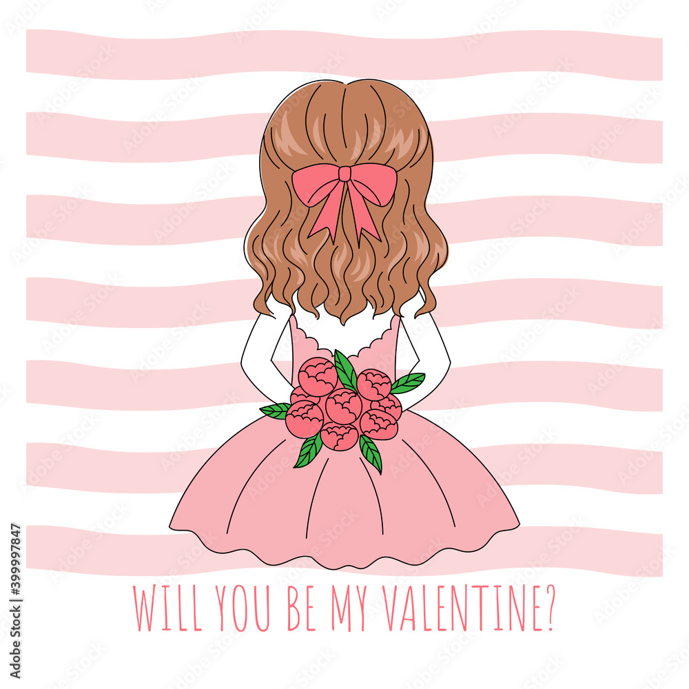 Φωτογραφία Pretty girl hair holding a bouquet of roses flower from back side