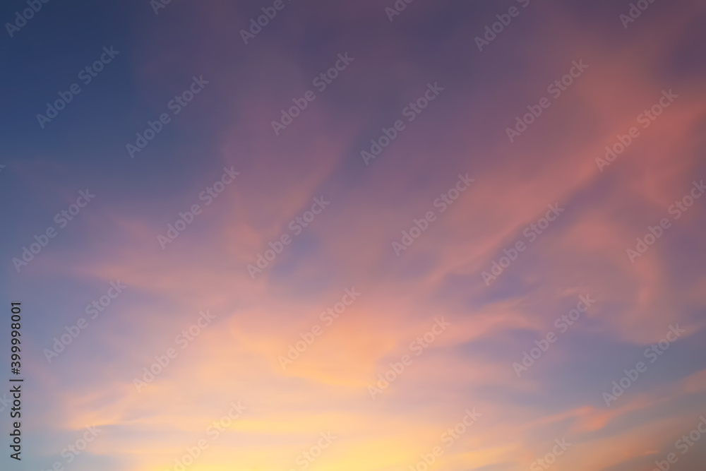 Dramatic atmosphere panorama view of fantasy twilight sky and soft colorful clouds with vivid shiny golden sunlight for silhouette presentation background. - obrazy, fototapety, plakaty 