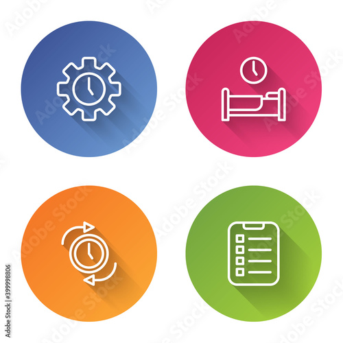 Set line Time Management, to sleep, Clock with arrow and To do list or planning. Color circle button. Vector.