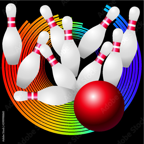 Skittles and red bowling ball on a black background with colored circles