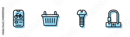Set line Metallic screw, Bicycle rental mobile app, basket and lock icon. Vector.