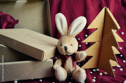 Bunny with Christmas tree, Merry Christmas and Happy New Year