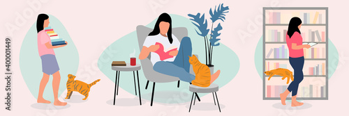 Set of People at home in quarantine. Spend time at home, study at home, Work at home. Vector flat style illustration