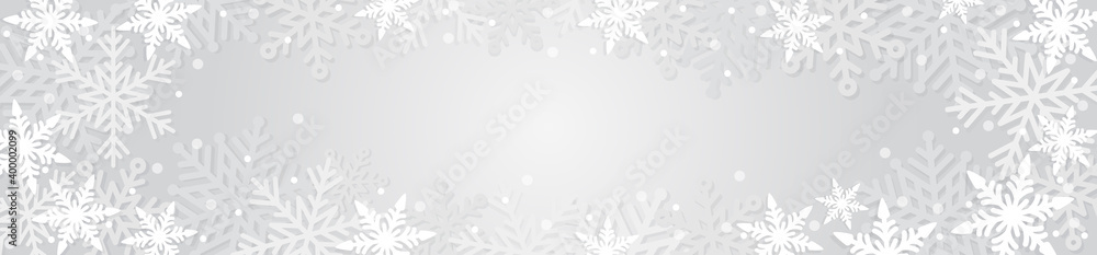 Christmas horizontal banner with snowflakes and snow. White on a gray background. Winter abstract design. Vector illustration.