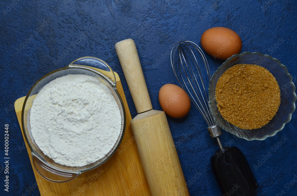 baking ingredients, eggs, flour and brown cane sugar, quarantine home baking concept, food background baking ingredients, eggs, flour and brown cane sugar, quarantine home baking concept, food background