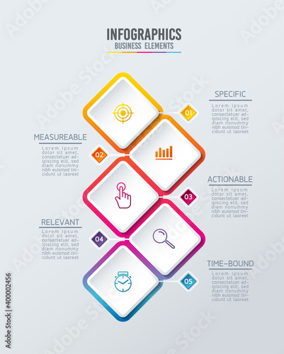 Vector elements for infographics. presentation and chart. steps or processes. 
options number workflow template design. 5 steps.