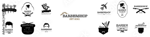 Set of barbershop logos. Hair salon logotypes with haircuts and barber tools and accessories. Vector Illustration 
