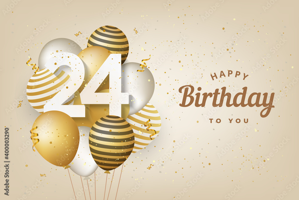 Happy 24th birthday with gold balloons greeting card background. 24 years anniversary. 24th celebrating with confetti. Vector stock Векторный объект Stock