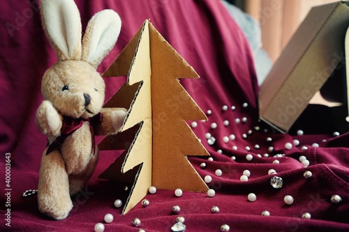 Bunny with Christmas tree, Merry Christmas and Happy New Year